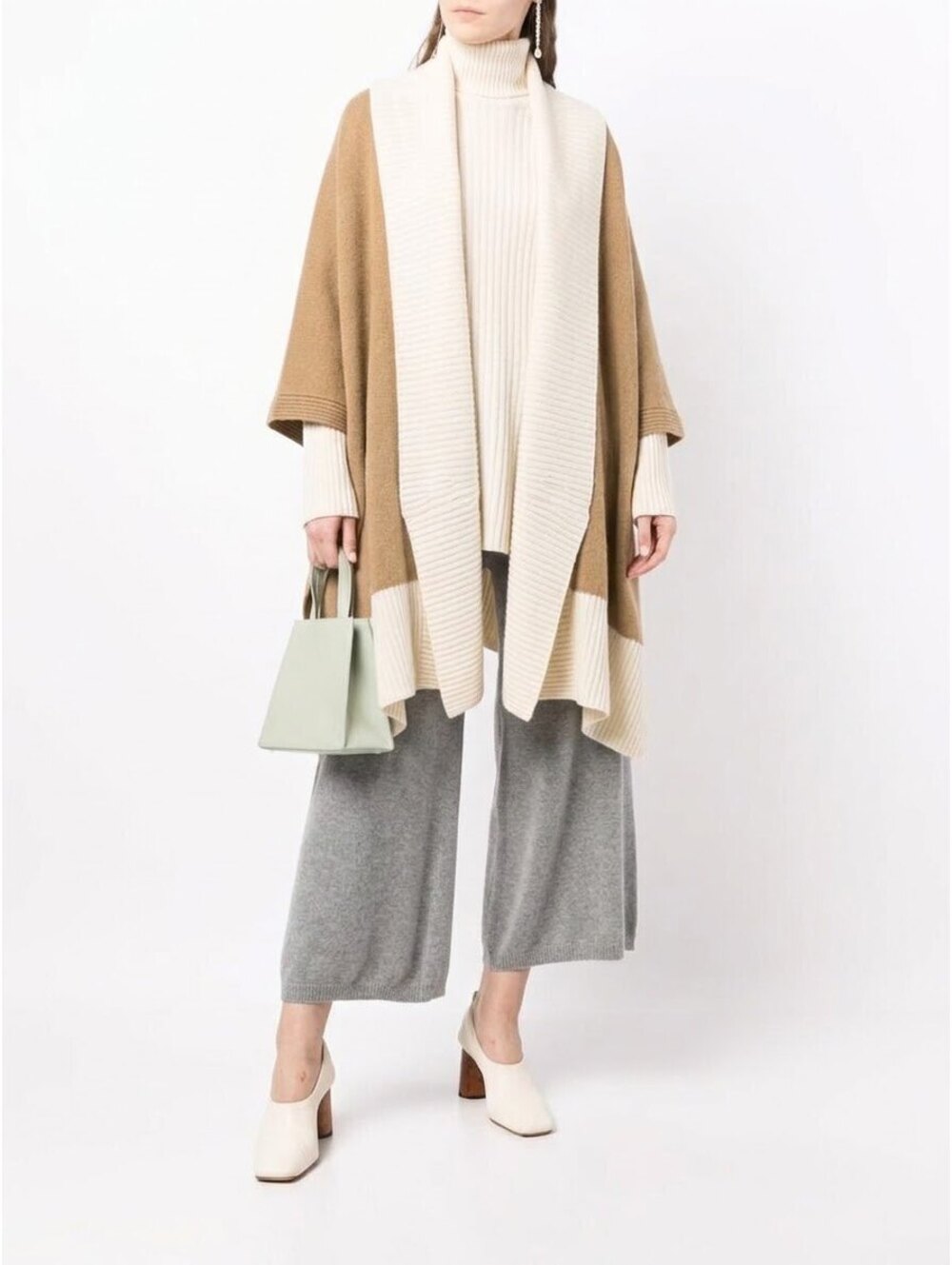 Madeleine Thompson Wool Cashmere Wrap Shawl Collar Cardigan Camel Cream OS
